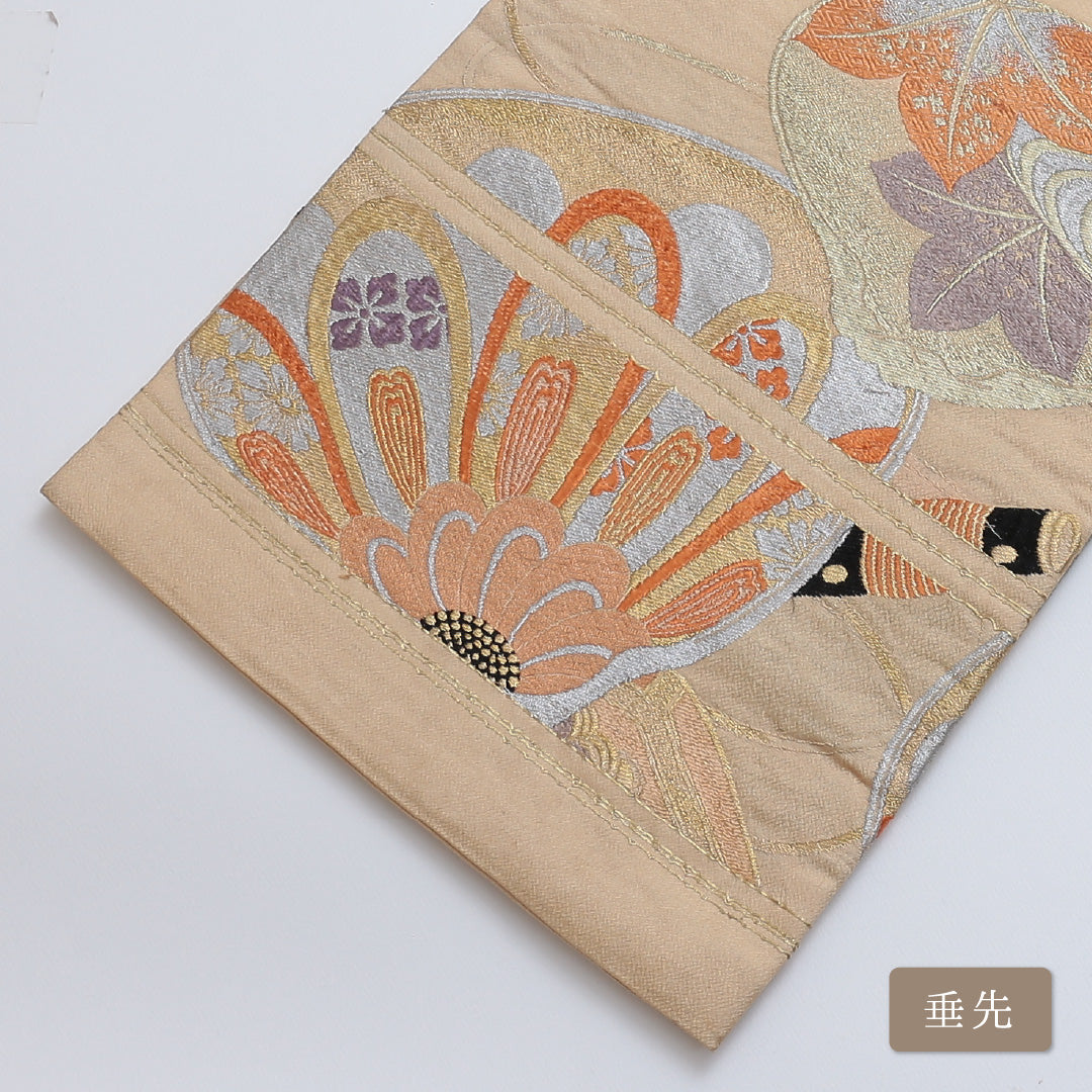 アンティーク 丸帯 帯丈408cm 全通 楓 笛 組紐 カジュアル クリーム系 正絹 Aランク 1223-00269