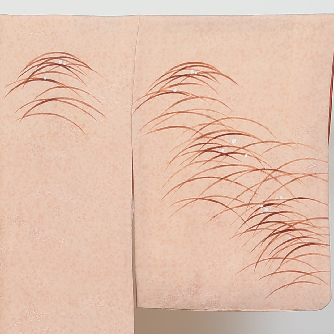 訪問着 袷 身丈158cm 裄丈64cm 正絹 Aランク Mサイズ 広衿 一つ紋(五三桐) セミフォーマル 紋意匠 植物柄 芝草 クリーム系 朱系 1212-04173