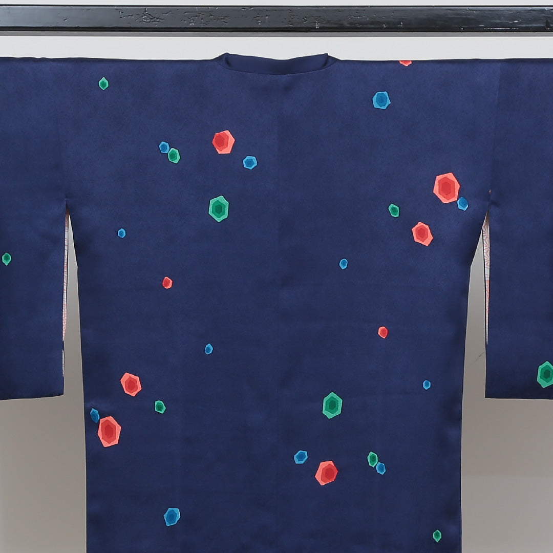 道行コート 袷 身丈78cm 裄丈65cm 正絹 Sランク セミフォーマル Mサイズ 幾何学柄 紺系 M4 1237-05464
