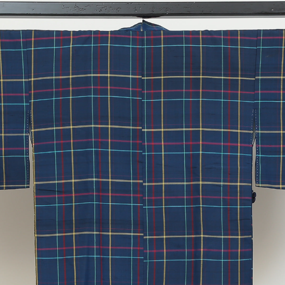 道中着(紬) 袷 身丈76cm 裄丈64cm 正絹 Bランク Mサイズ カジュアル 格子 青系 1264-05472