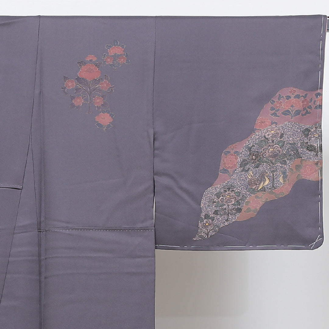 未使用品 訪問着 袷 身丈154cm 裄丈63cm 正絹 Sランク 一つ紋 (五三桐) セミフォーマル 広衿 Sサイズ 金彩 金箔 しつけ糸 道長取り 樹下双獣文 牡丹 紫系 PO 1217-04120