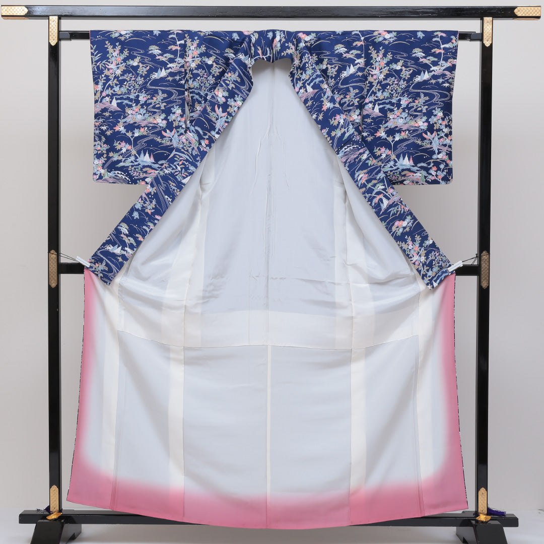 小紋 袷 身丈159cm 青系 正絹 美品 花鳥 リサイクル着物 1215231700176