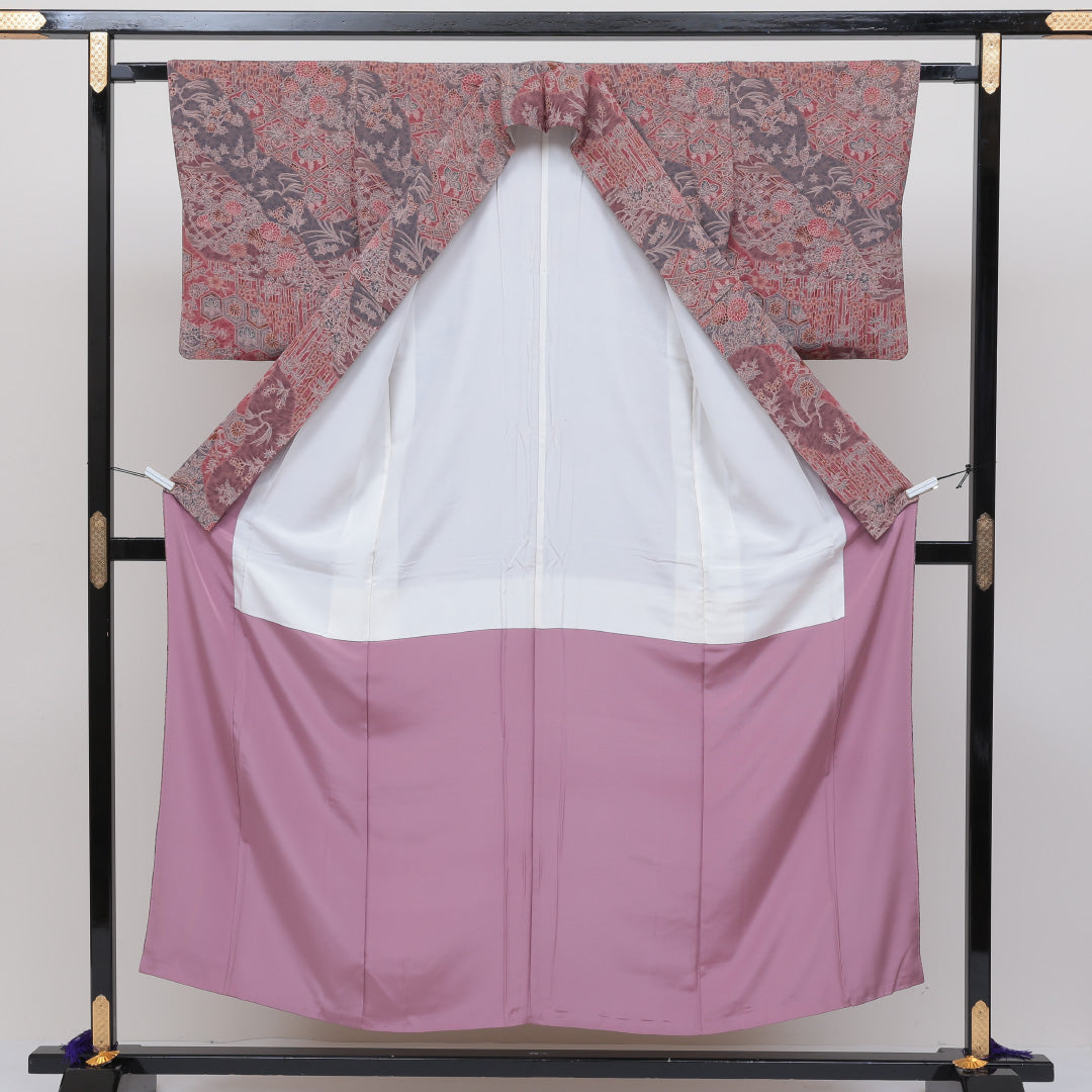 小紋 袷 身丈150cm 裄丈61cm 正絹 Sランク インフォーマル 広衿 Sサイズ 吉祥文様 ピンク系 RP 1221-00167