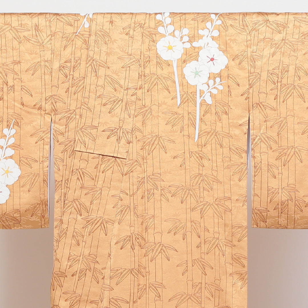 訪問着 袷 身丈158cm 裄丈63cm 正絹 Sランク Mサイズ 広衿 セミフォーマル 紋意匠 笹 菊 竹 金駒刺繍 金系 1212-04082
