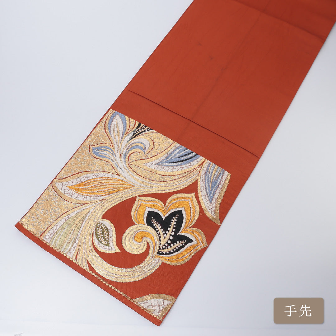 アンティーク 袋帯 帯丈416cm 六通 唐草華紋 セミフォーマル 落款 赤系 正絹 Aランク 1223-00189