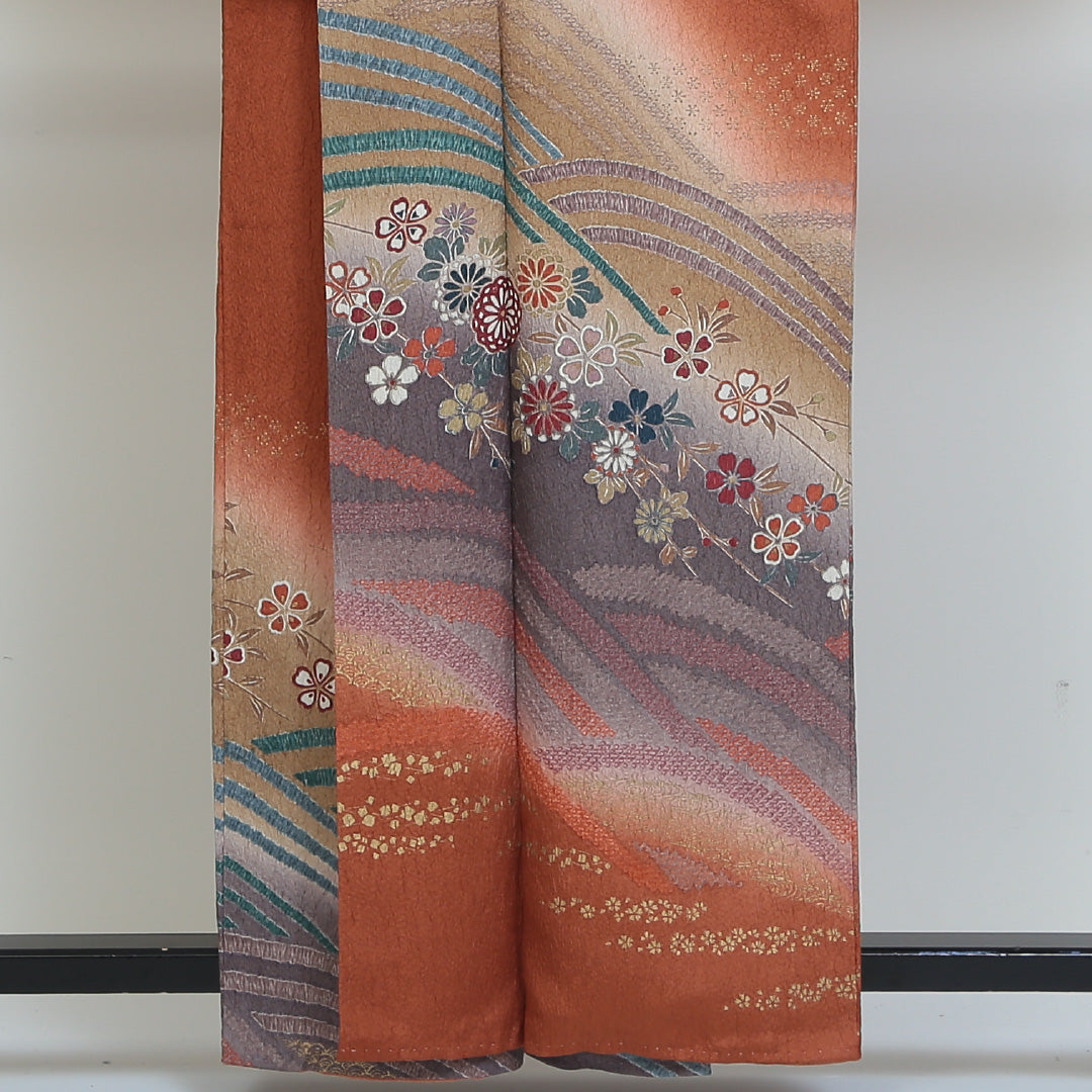 訪問着 袷 身丈158cm 裄66.5cm 正絹 茶系 Sランク 四季草花 遠山 通年柄 1212231400196