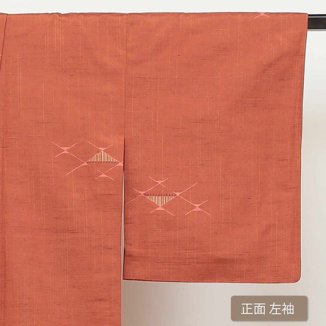 紬 単衣 身丈153cm 裄丈62cm 正絹 Aランク カジュアル 広衿 Sサイズ 創作柄 朱系 HP 1223-02784