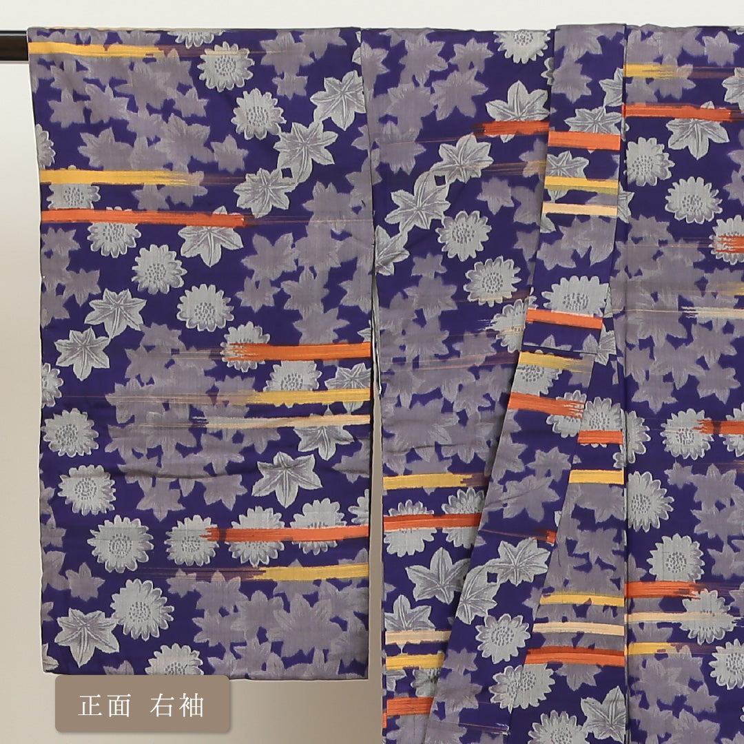アンティーク 銘仙の着物 袷 身丈145cm 裄丈59cm 正絹 Aランク バチ衿 XSサイズ 菊 紅葉 紫系 RP 1223-00909