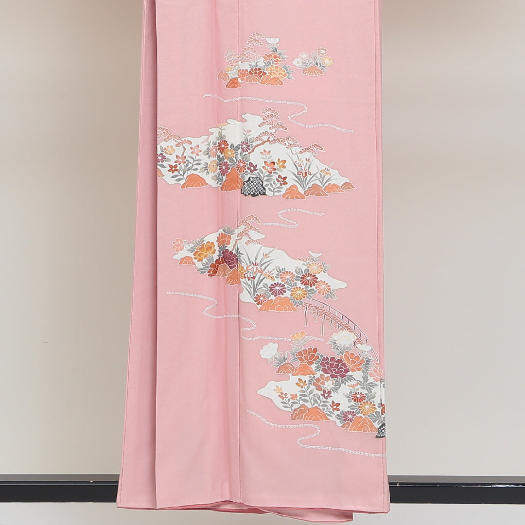 訪問着 袷 身丈156cm 裄丈64cm 正絹 Sランク セミフォーマル 広衿 Mサイズ 橋 吉祥文様 ピンク系 RP 1217-04156