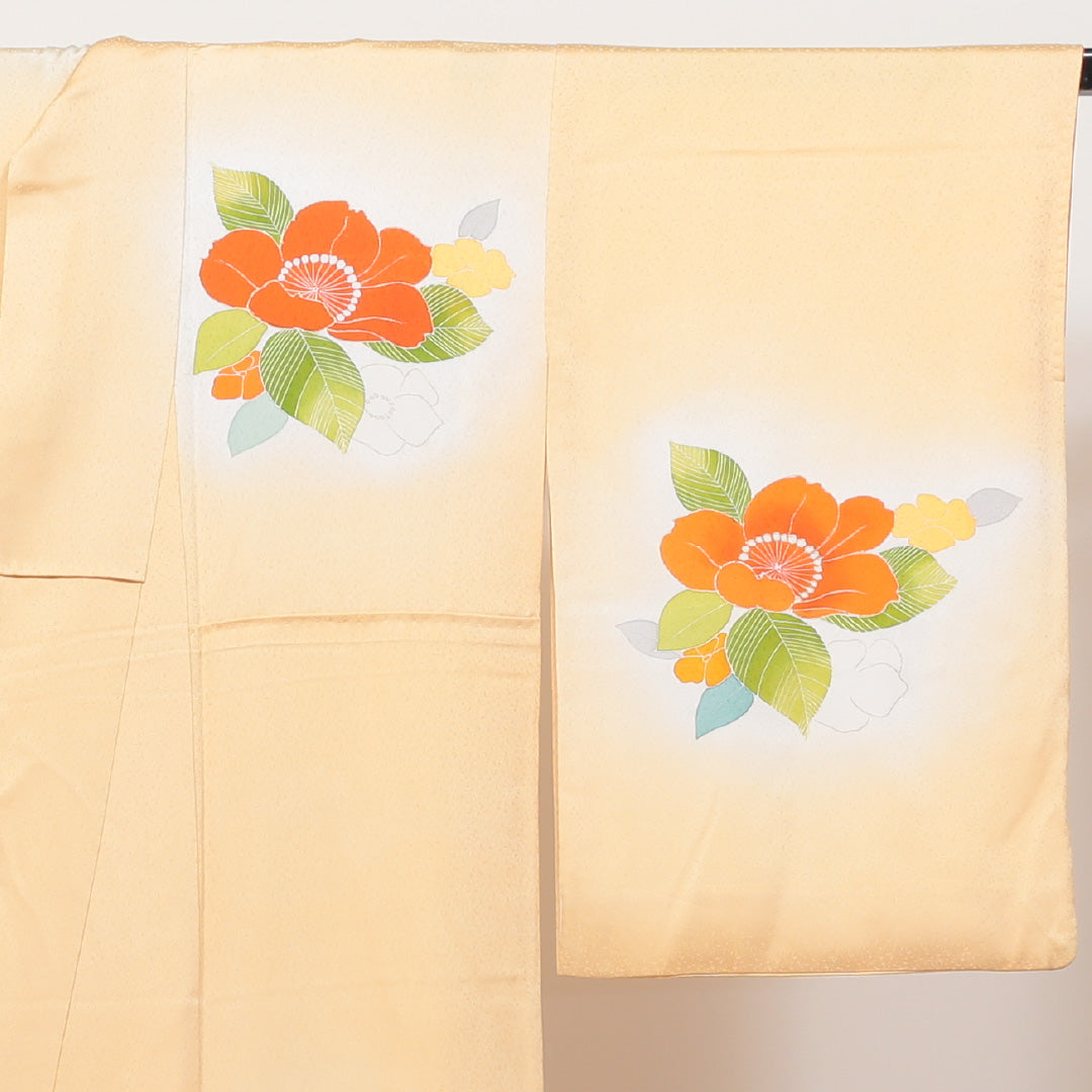 訪問着 袷 身丈159cm 裄丈35cm 正絹 Sランク Mサイズ 広衿 セミフォーマル 牡丹 クリーム系 朱系 1212-04101