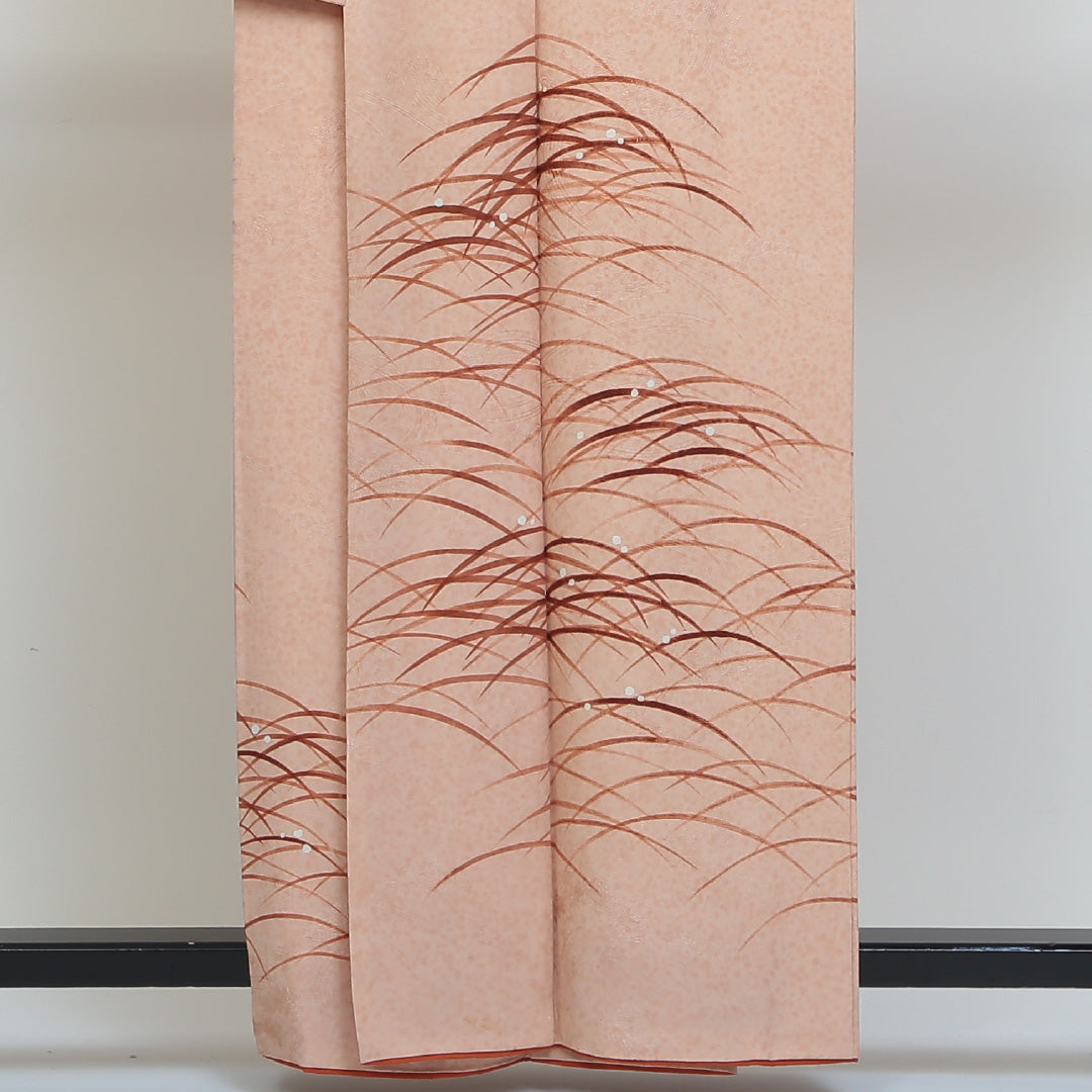 訪問着 袷 身丈158cm 裄丈64cm 正絹 Aランク Mサイズ 広衿 一つ紋(五三桐) セミフォーマル 紋意匠 植物柄 芝草 クリーム系 朱系 1212-04173