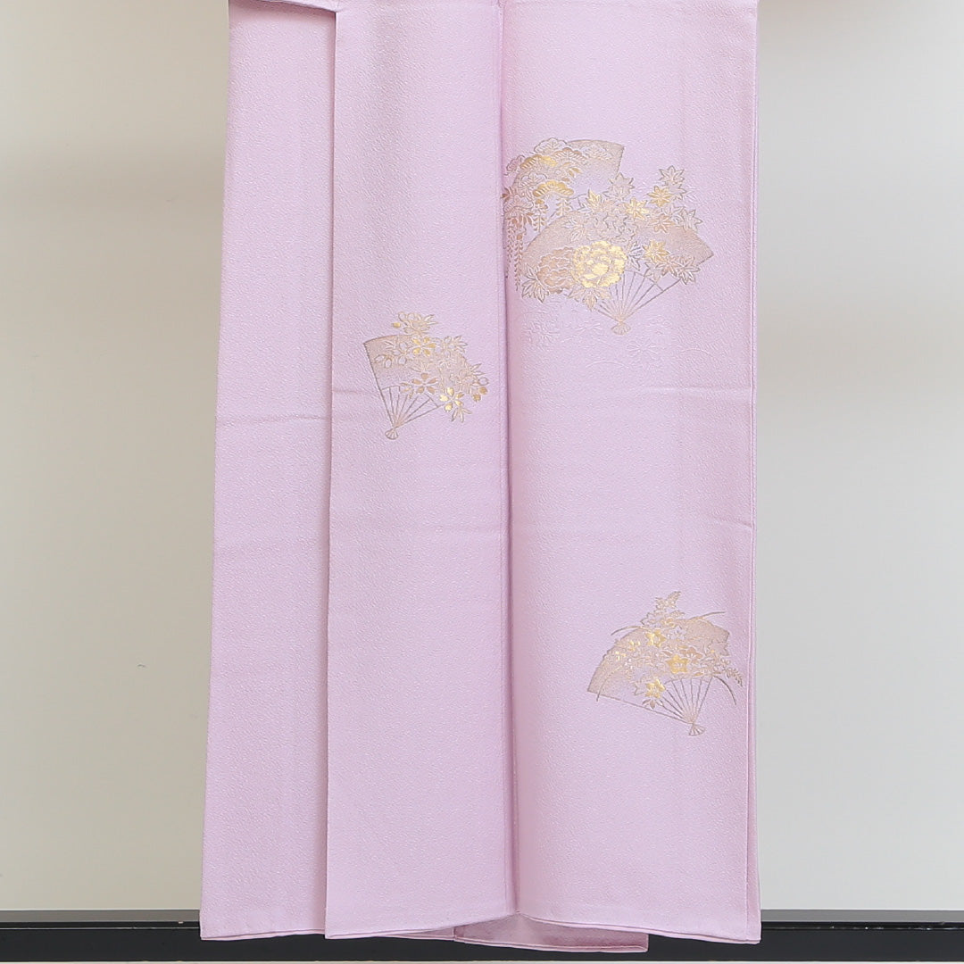 付下げ 袷 身丈151cm 裄丈63cm 正絹 Sランク インフォーマル 広衿 Sサイズ 刺繍 扇 花柄 ピンク系 RP 1218-04161