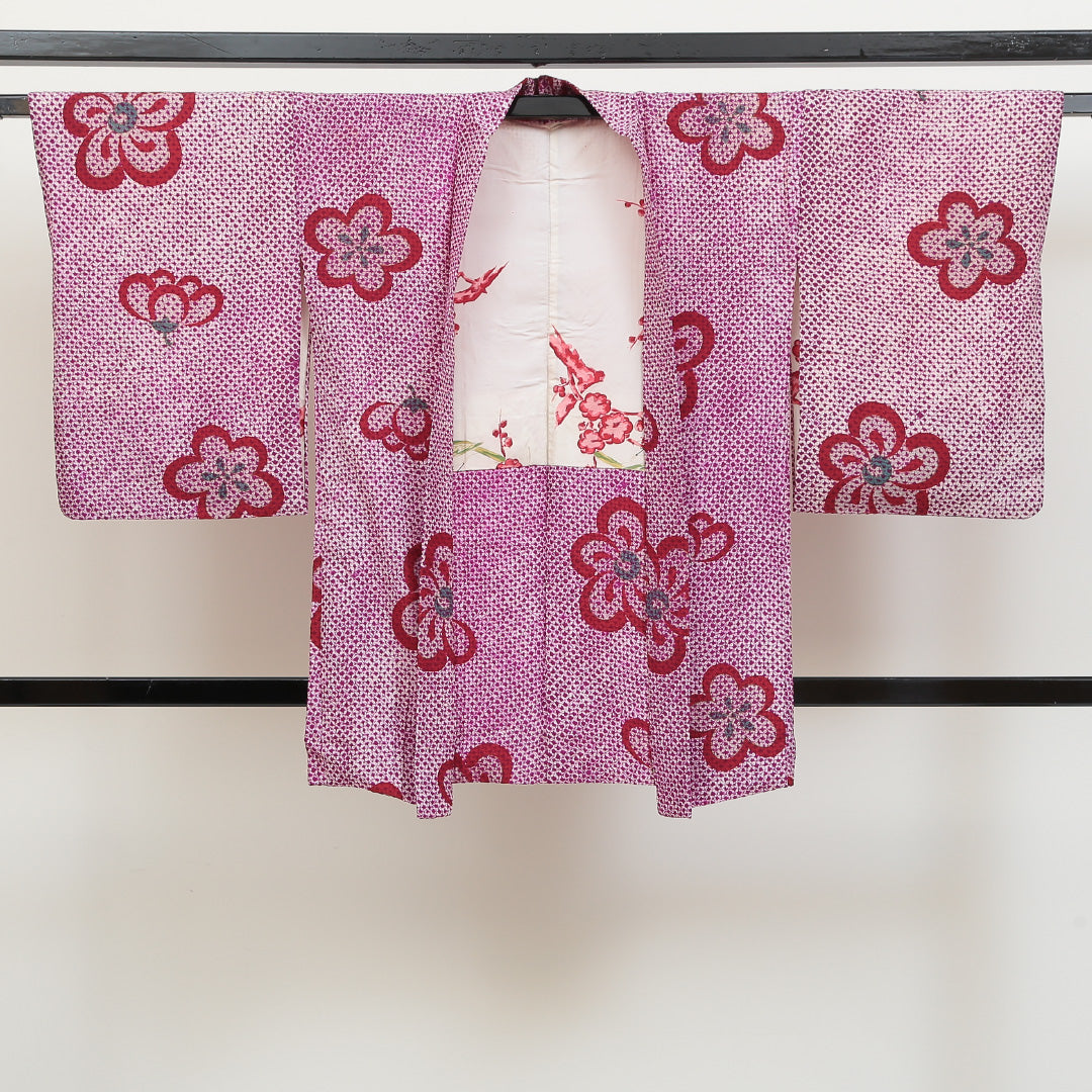 アンティーク 羽織 袷 身丈88cm 裄丈65cm 正絹 Cランク Mサイズ 梅 紫系 RP 1232-05522