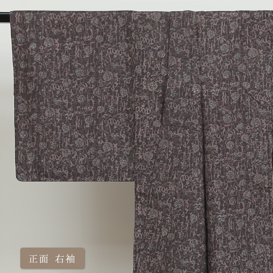 小紋 袷 身丈145cm 裄丈62cm 正絹 Sランク インフォーマル バチ衿 XSサイズ 唐草華文 茶系 RP 1221-00900