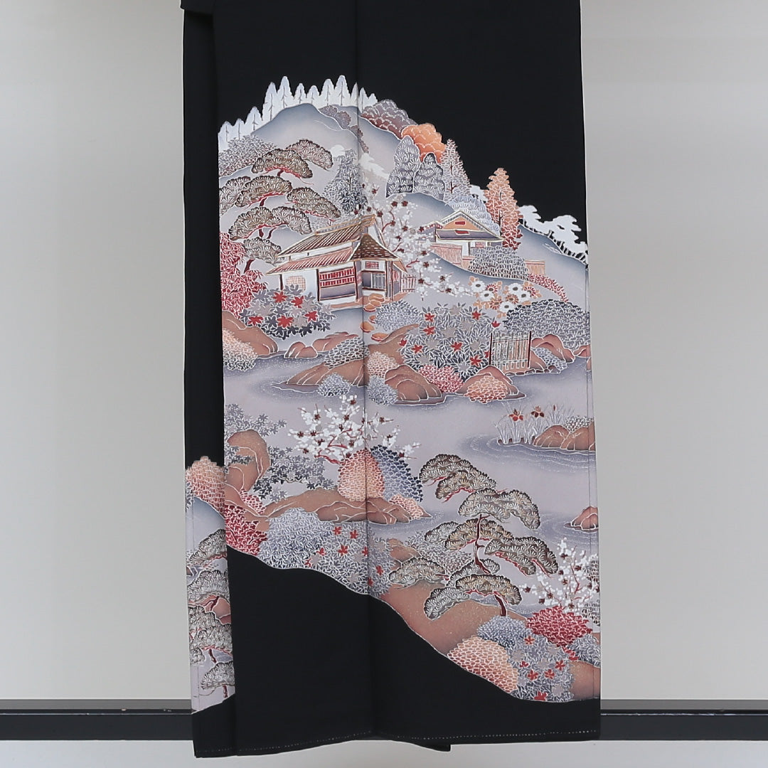 黒留袖 五つ紋 桐枝丸 身丈151cm 裄丈62cm Sランク 正絹 袷 広衿 S 作家物 落款 茶屋辻 加賀友禅 フォーマル 黒系 1211-F0141