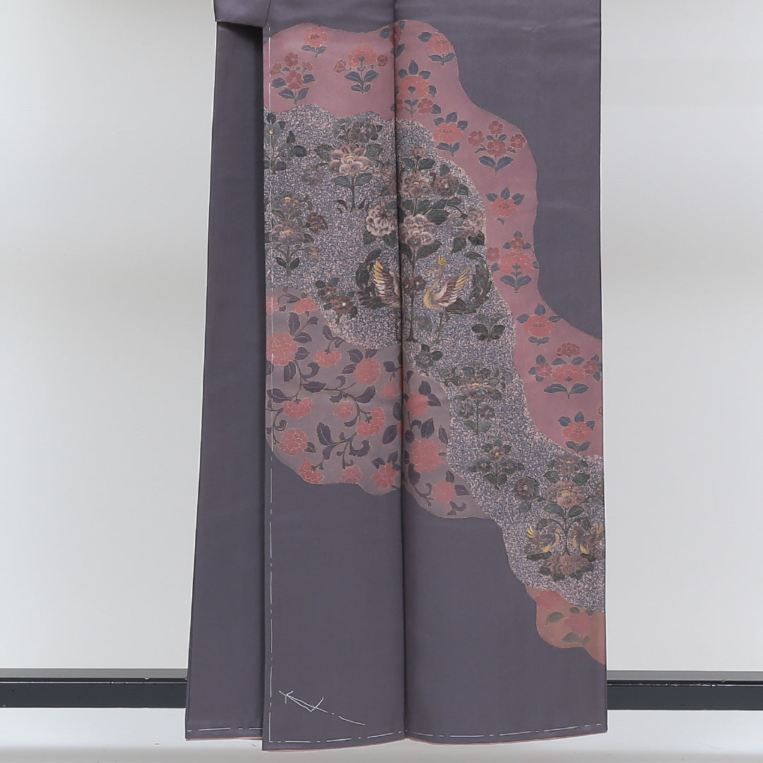 未使用品 訪問着 袷 身丈154cm 裄丈63cm 正絹 Sランク 一つ紋 (五三桐) セミフォーマル 広衿 Sサイズ 金彩 金箔 しつけ糸 道長取り 樹下双獣文 牡丹 紫系 PO 1217-04120