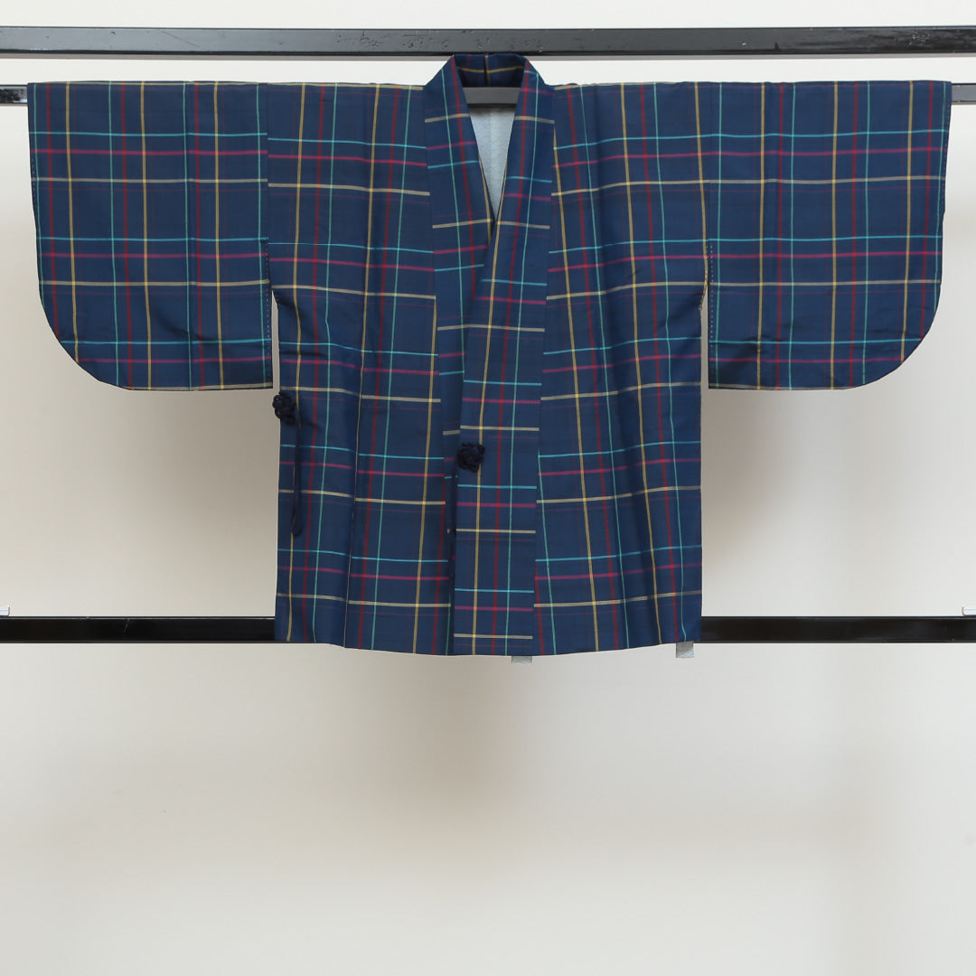 道中着(紬) 袷 身丈76cm 裄丈64cm 正絹 Bランク Mサイズ カジュアル 格子 青系 1264-05472