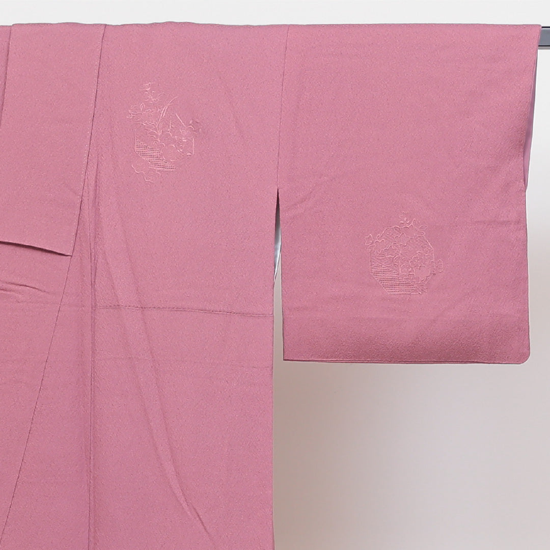 訪問着 袷 身丈150cm 裄丈64cm 正絹 Aランク セミフォーマル 広衿 Sサイズ 汕頭刺繍 花籠 紫系 RP 1217-04079