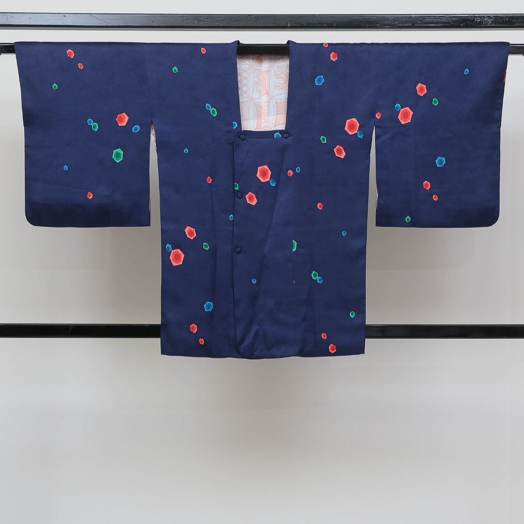 道行コート 袷 身丈78cm 裄丈65cm 正絹 Sランク セミフォーマル Mサイズ 幾何学柄 紺系 M4 1237-05464