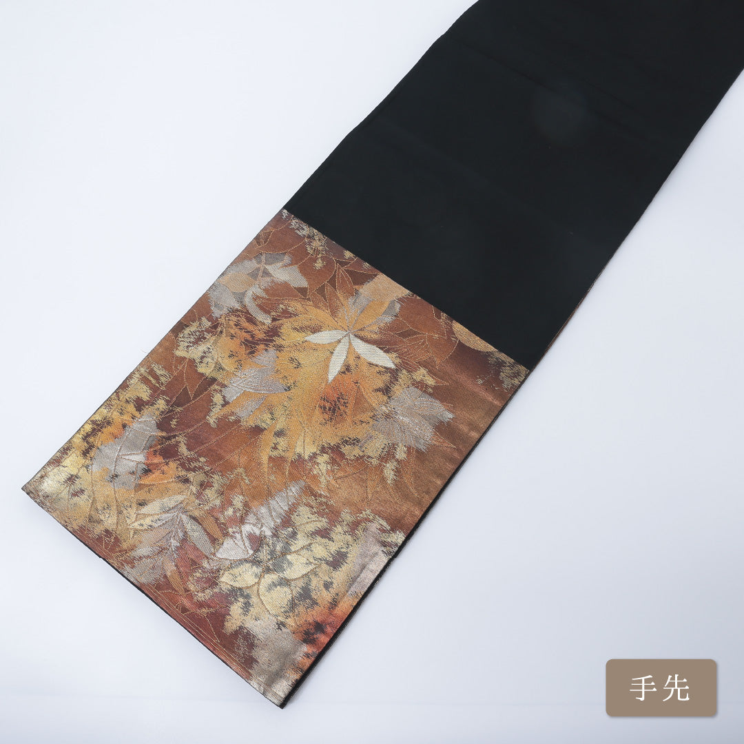 袋帯 帯丈416cm 六通 引箔 唐草華紋 セミフォーマル 茶系 正絹 Aランク 1223-00194
