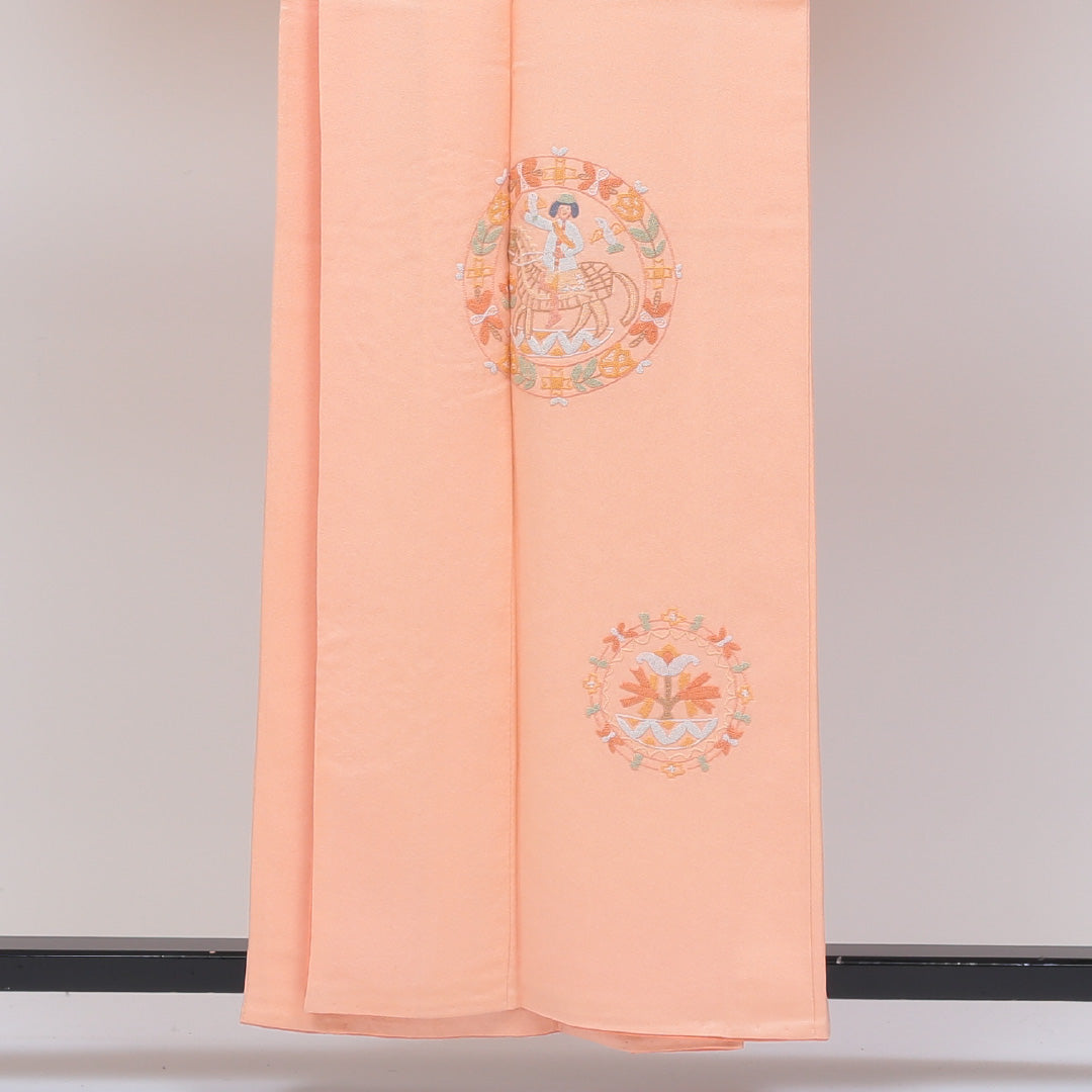 訪問着 袷 身丈157cm 裄丈65cm 正絹 Sランク セミフォーマル 広衿 Mサイズ 相良刺繍 騎馬人物 朱系 PO 1217-04086