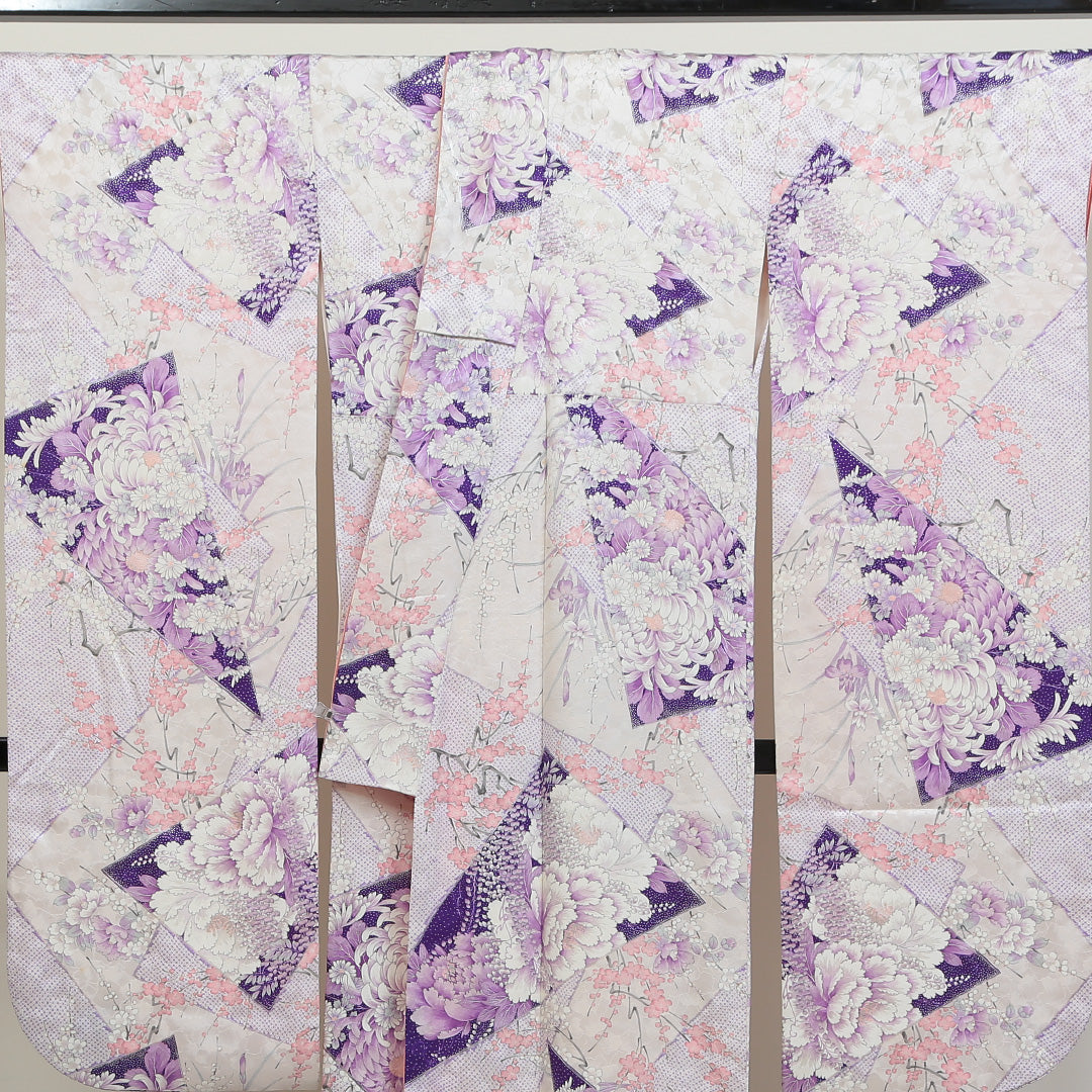 振袖 身丈157cm 裄丈66.5cm Bランク 袷 正絹 広衿 牡丹 桜 梅 紅葉 四季草花 1213-F0026