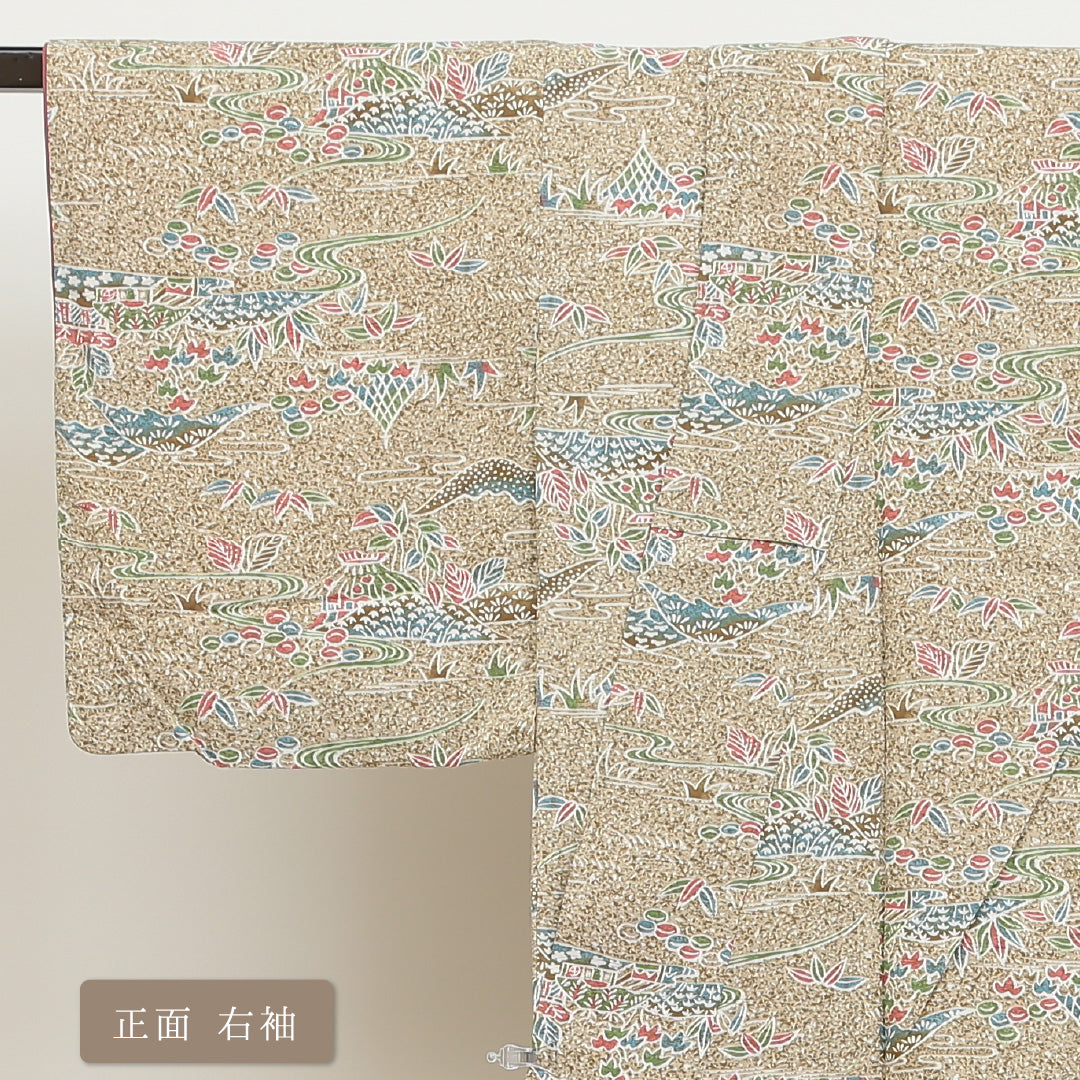 小紋 袷 身丈145cm 裄62.5cm クリーム系 流水 山 風景柄 四季草花 正絹 Aランク 通年柄 1215009023115