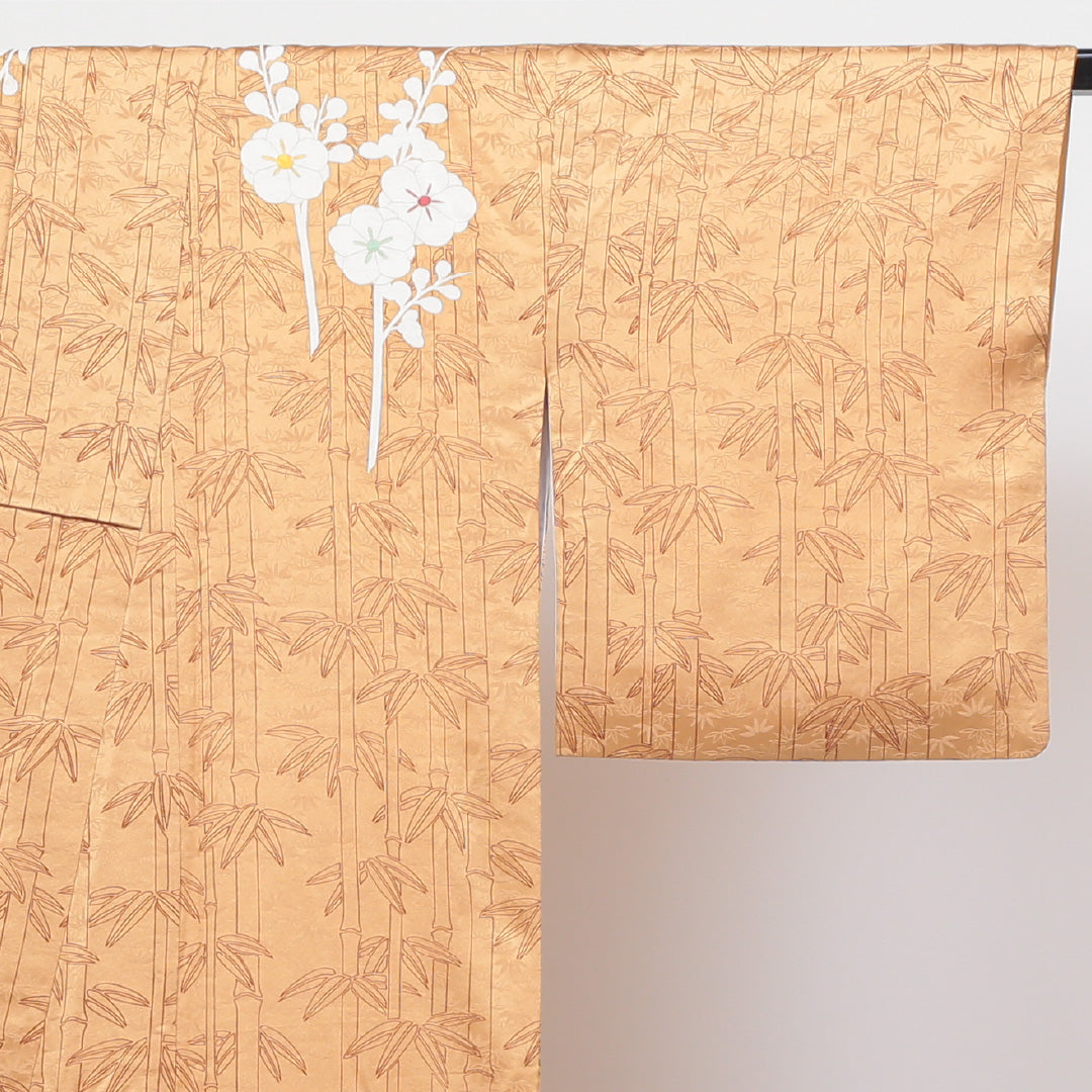 訪問着 袷 身丈158cm 裄丈63cm 正絹 Sランク Mサイズ 広衿 セミフォーマル 紋意匠 笹 菊 竹 金駒刺繍 金系 1212-04082