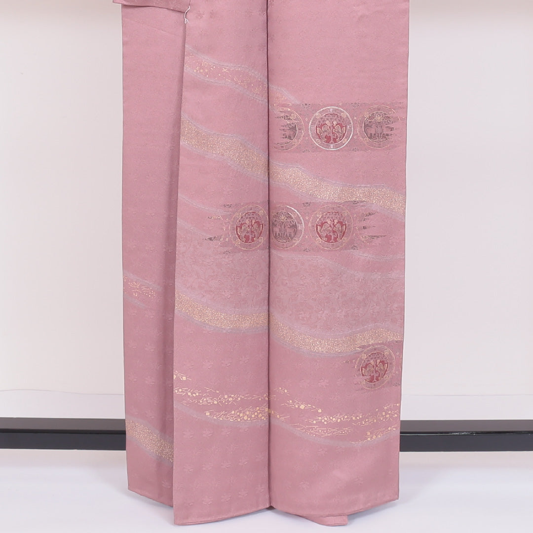 訪問着 袷 身丈160cm 裄丈67cm 正絹 Sランク 一つ紋 紋意匠 (紗綾型) セミフォーマル 広衿 Lサイズ 金彩 樹下双獣文 ピンク系 RP 1217-04016