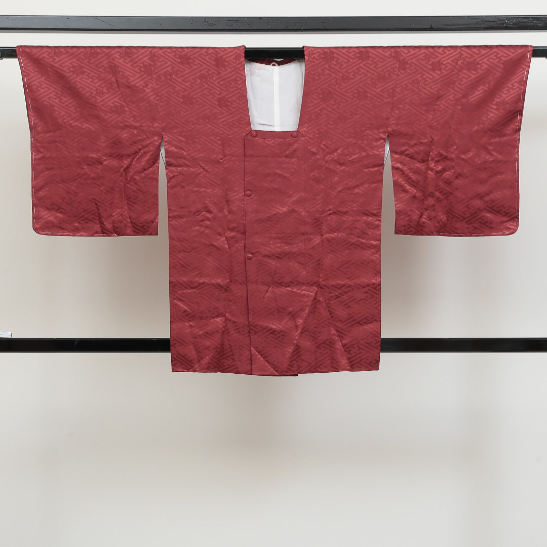道行コート 袷 身丈79cm 裄丈65cm 正絹 Sランク 紋意匠 (紗綾型に菊) カジュアル Mサイズ 赤系 RP 1237-05515
