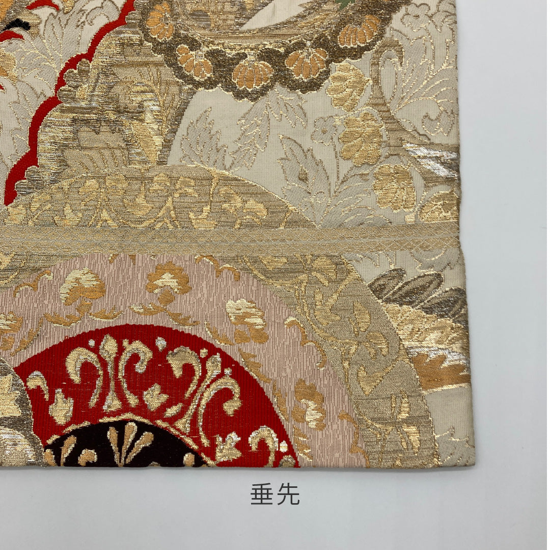 アンティーク 袋帯 帯丈420cm 六通 孔雀 宝相華 フォーマル クリーム系 正絹 Sランク 1223-00077