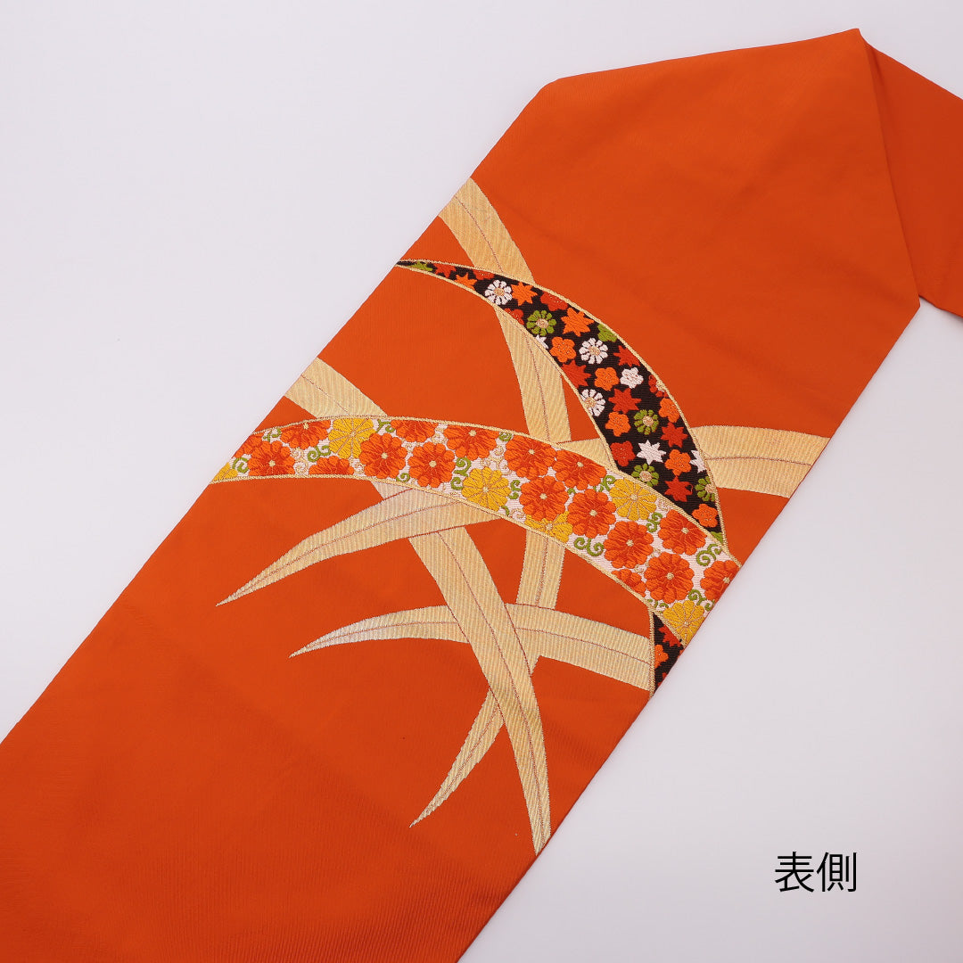 名古屋帯 帯丈336cm ポイント柄 名古屋仕立て Aランク セミフォーマル 紅葉 菊 梅 正絹 朱系 1224-00138