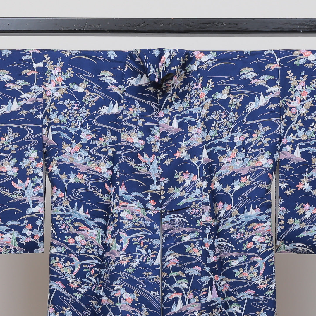 小紋 袷 身丈159cm 青系 正絹 美品 花鳥 リサイクル着物 1215231700176