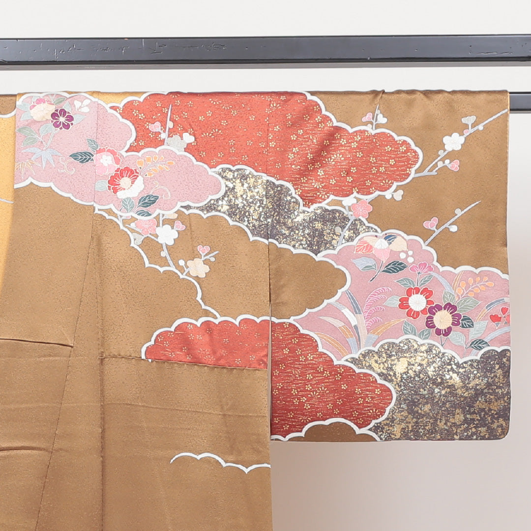 訪問着 袷 身丈155cm 裄丈65cm 正絹 Sランク Mサイズ 広衿 セミフォーマル 吉祥文様 金彩 金箔 銀箔 金系 1212-04033