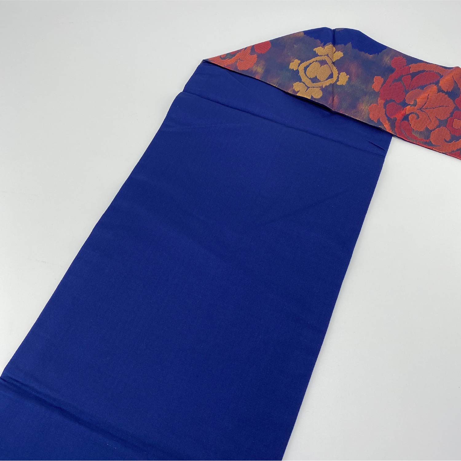 名古屋帯 帯丈323cm 六通 名古屋仕立て Sランク カジュアル 引箔 宝相華 正絹 紺系 1224-00022