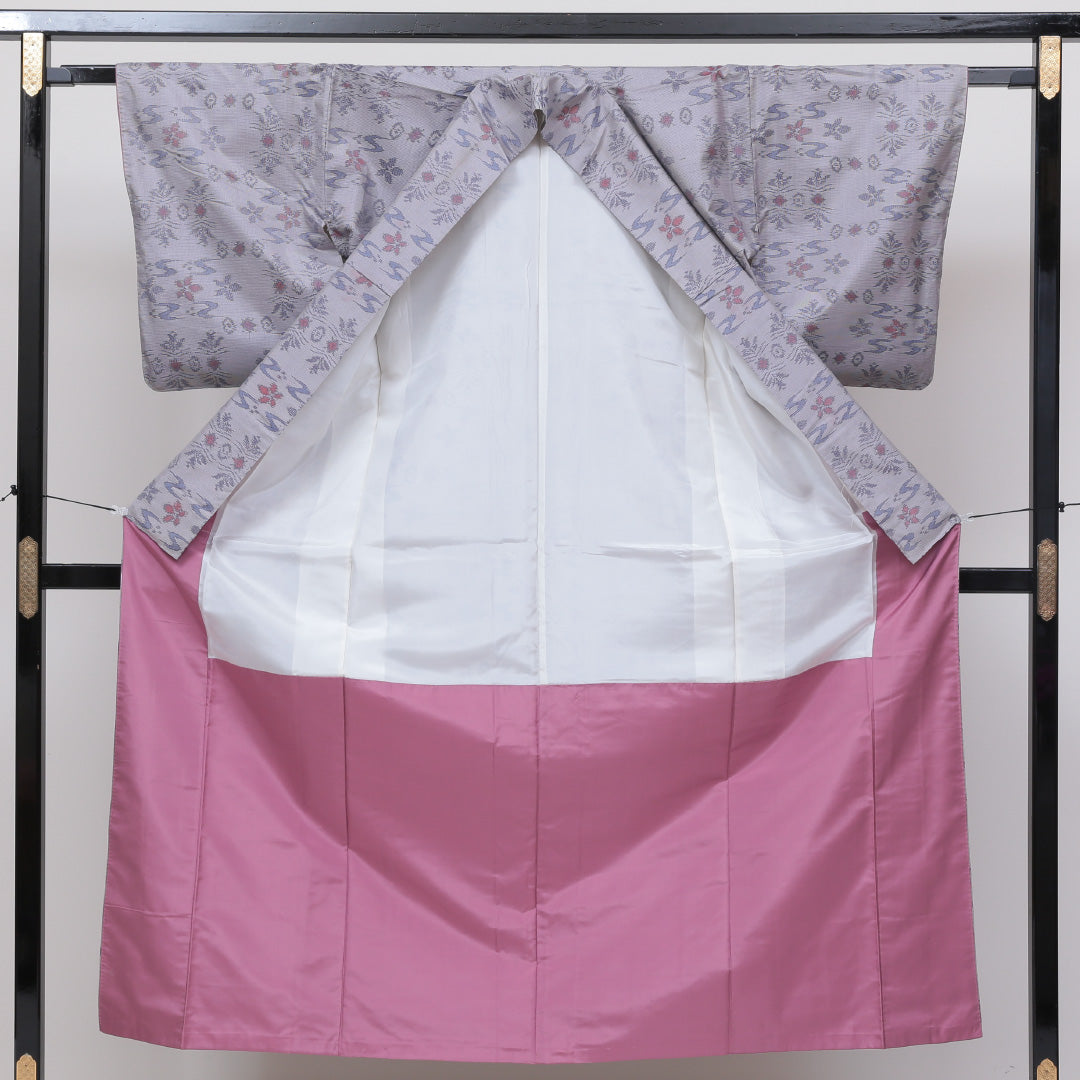 大島紬 袷 身丈150cm 裄丈62cm 正絹 Bランク インフォーマル 広衿 Sサイズ 花柄 グレー系 RP 1223-02579