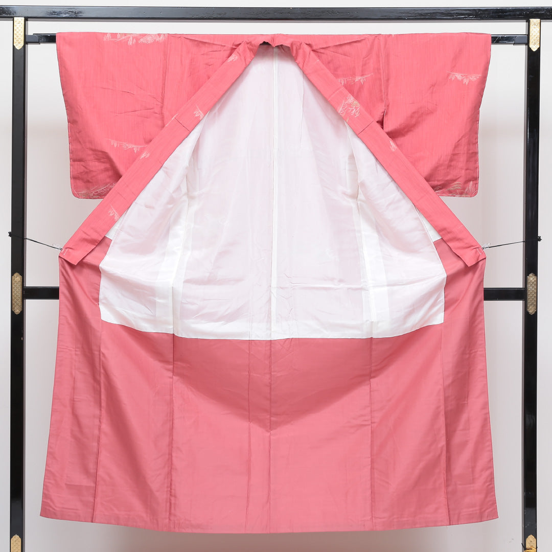 紬 袷 身丈150cm 裄62cm 正絹 ピンク系 Aランク 小紋 しつけ糸 創作 1216321300134