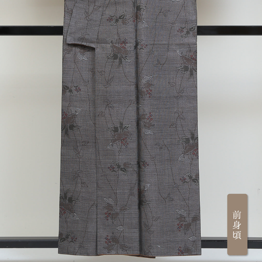 大島紬 袷 身丈156cm 裄丈64cm 正絹 Sランク インフォーマル 広衿 Mサイズ 南天 グレー系 RP 1223-02778