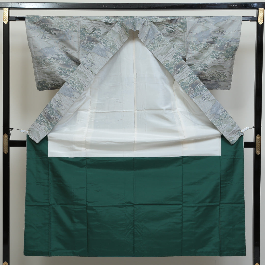 大島紬 袷 身丈151cm 裄丈62cm 正絹 Sランク インフォーマル 広衿 Sサイズ 9マルキ 茶屋辻 緑系 SR 1223-02726