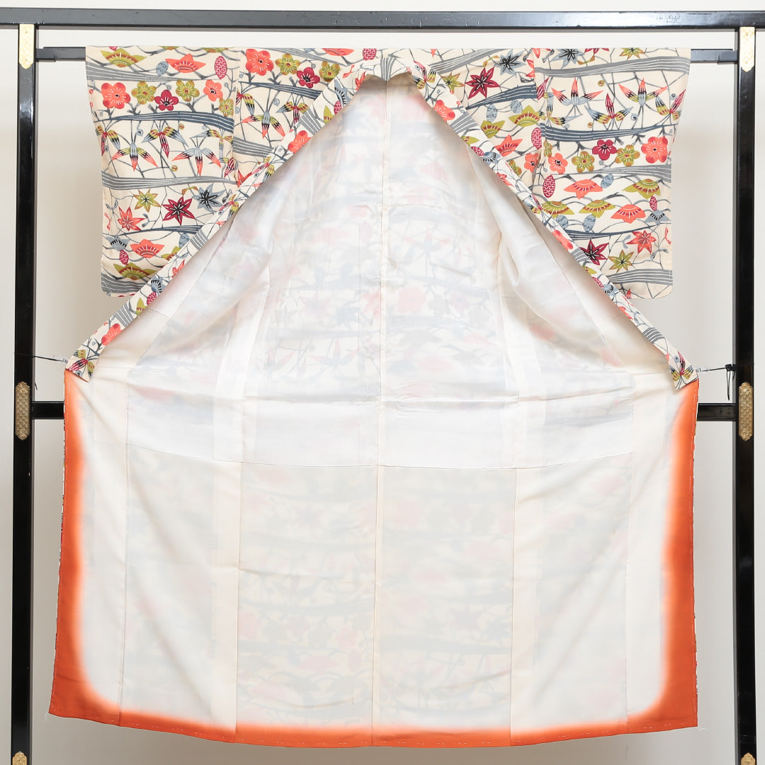 洗える着物 小紋 袷 身丈148cm 裄丈63cm ポリエステル Sランク インフォーマル バチ衿 XSサイズ 梅 笹 クリーム系 RP 1221-00681