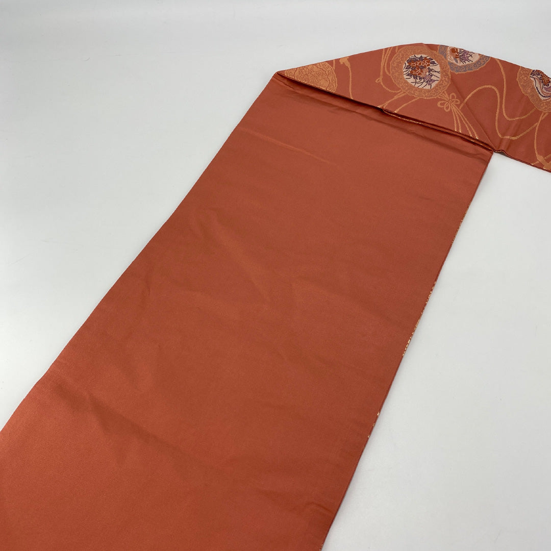 名古屋帯 帯丈334cm 六通 名古屋仕立て Sランク セミフォーマル 組紐 唐草 菊 菖蒲 藤 正絹 朱系 1224-00083