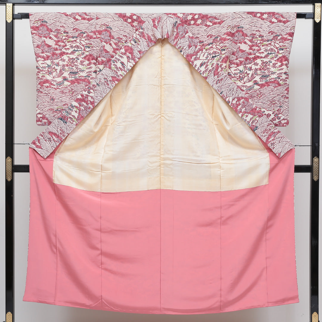 小紋 袷 身丈150cm 裄丈64cm 正絹 Sランク インフォーマル 広衿 Sサイズ 茶屋辻 ピンク系 RP 1221-00534