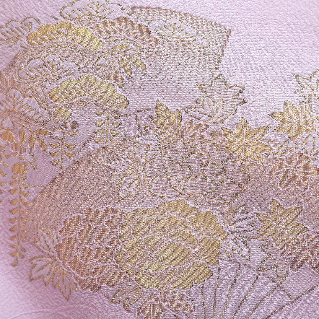 付下げ 袷 身丈151cm 裄丈63cm 正絹 Sランク インフォーマル 広衿 Sサイズ 刺繍 扇 花柄 ピンク系 RP 1218-04161