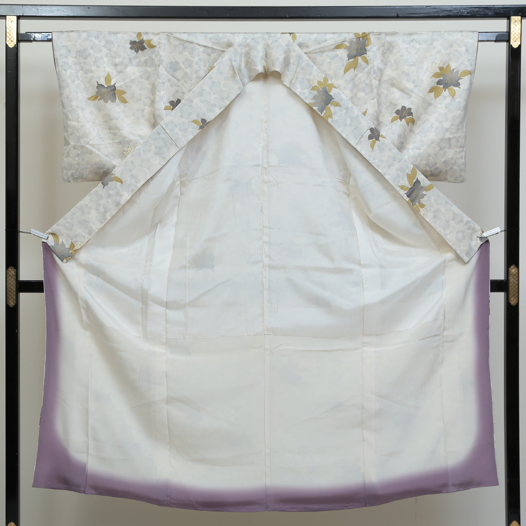 小紋 袷 身丈145cm 裄丈63cm 正絹 Cランク インフォーマル 広衿 XSサイズ 花柄 白系 LP 1221-00804