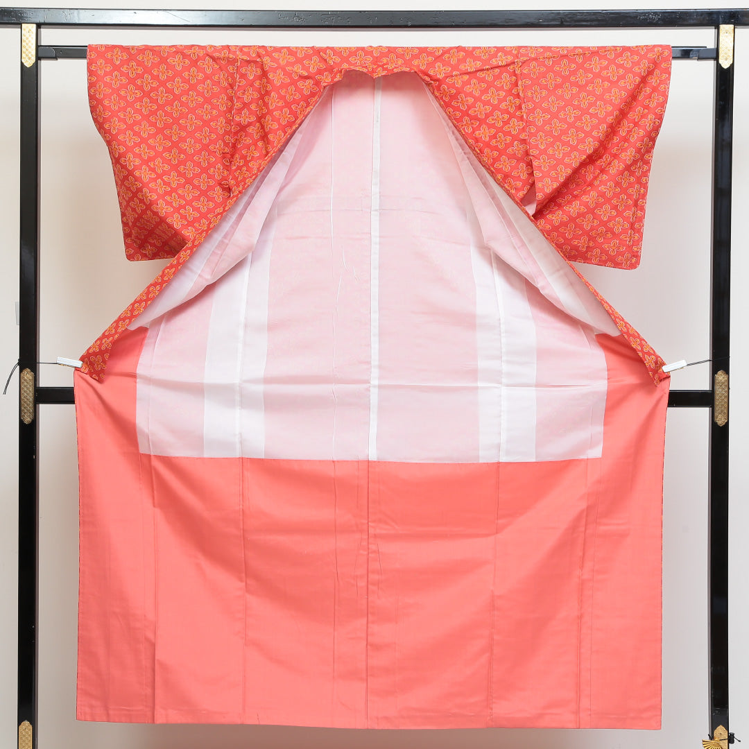紬 袷 身丈153cm 裄丈63cm 正絹 Sランク カジュアル バチ衿 Sサイズ 花菱 赤系 RP 1223-02705