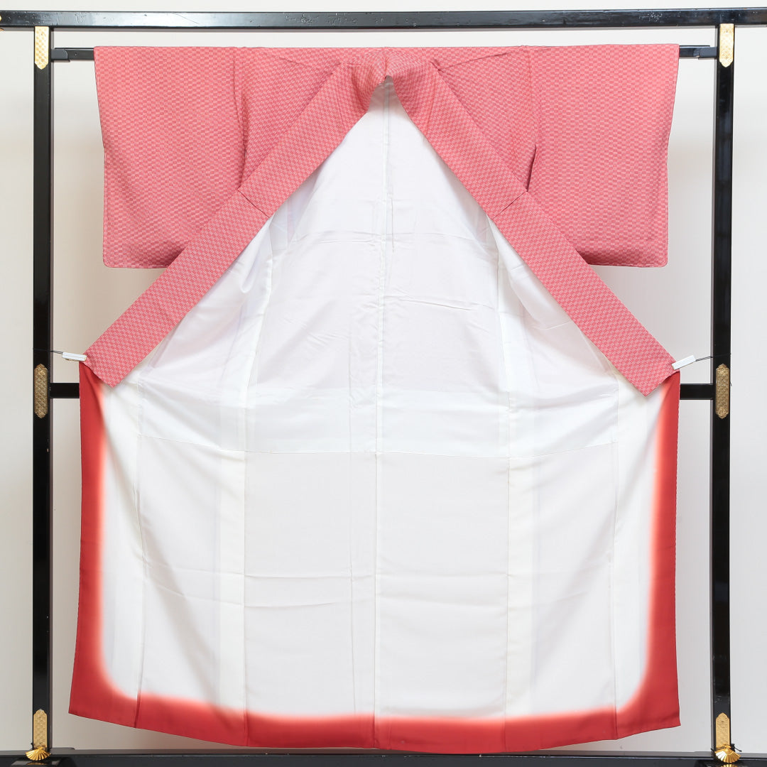 小紋 袷 身丈156cm 裄丈64cm 正絹 Sランク インフォーマル 広衿 Mサイズ 市松 赤系 RP 1221-00767