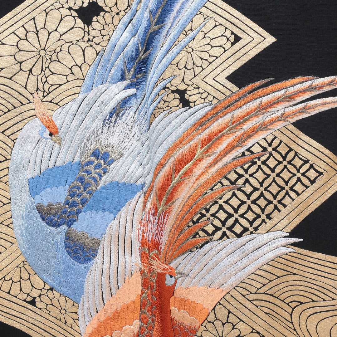 黒留袖 五つ紋 丸に立ち沢瀉 身丈151cm 裄丈61cm Aランク 正絹 袷 広衿 S 蘇州刺繍 金箔 雉 フォーマル 黒系 1211-F0127