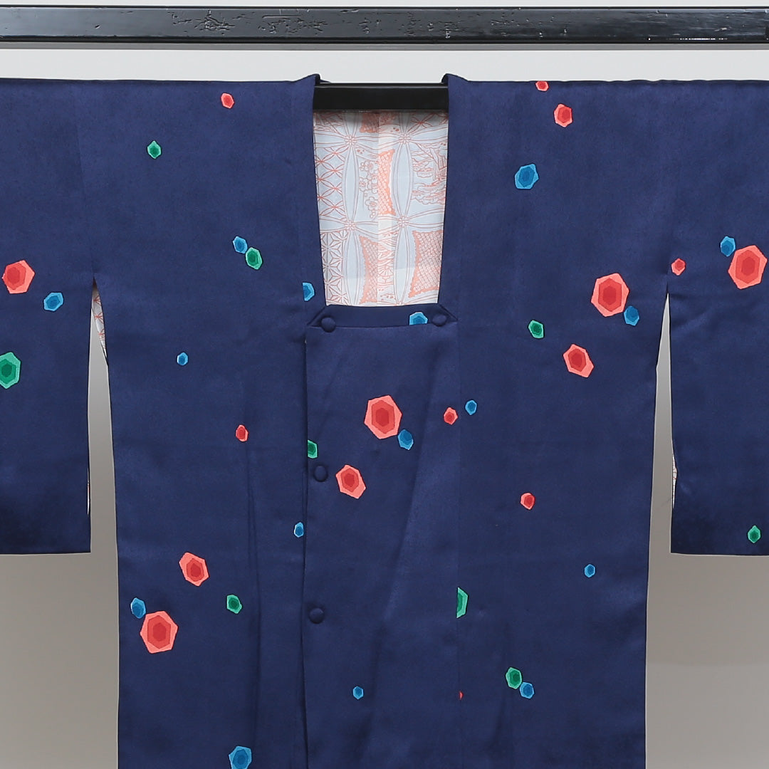 道行コート 袷 身丈78cm 裄丈65cm 正絹 Sランク セミフォーマル Mサイズ 幾何学柄 紺系 M4 1237-05464