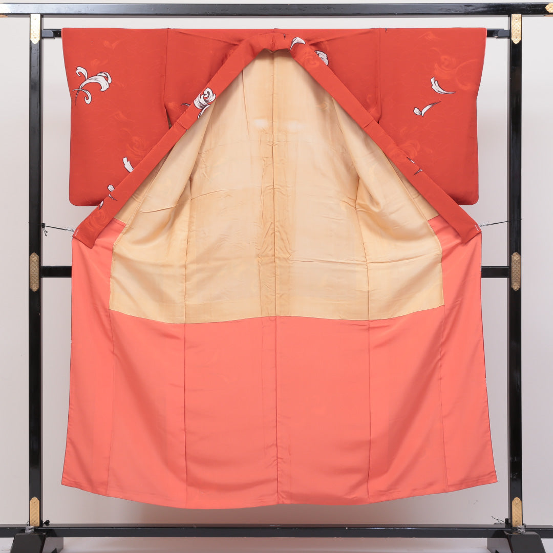 小紋 袷 身丈151cm 裄丈64cm 正絹 Bランク インフォーマル バチ衿 Sサイズ 羽 朱系 RP 1221-00332