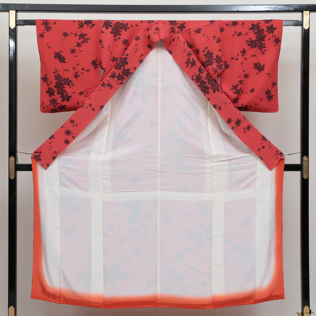 小紋 袷 身丈149cm 裄丈63cm 正絹 Aランク インフォーマル 広衿 XSサイズ 花柄 朱系 RP 1221-00654